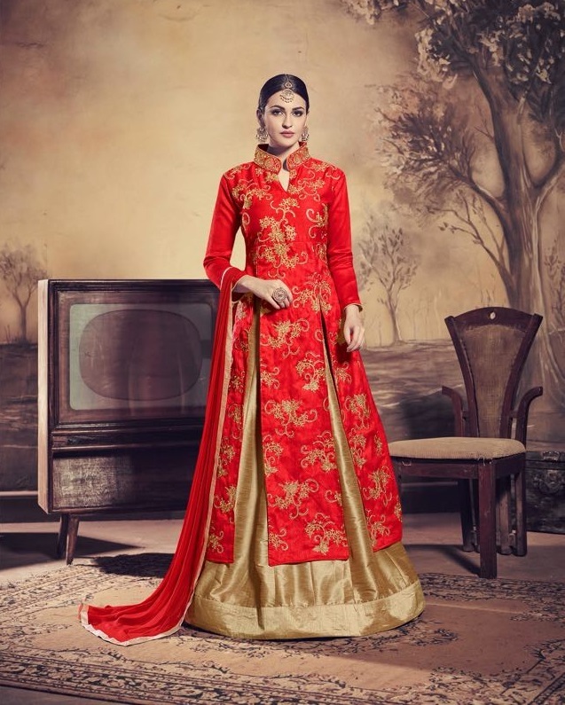 Lehenga Suit - Banglori Silk With Heavy Banglori Silk Bottom, Embroidered Design, Semi Stitched Up To Size 42, Elegant Nazneen Dupatta