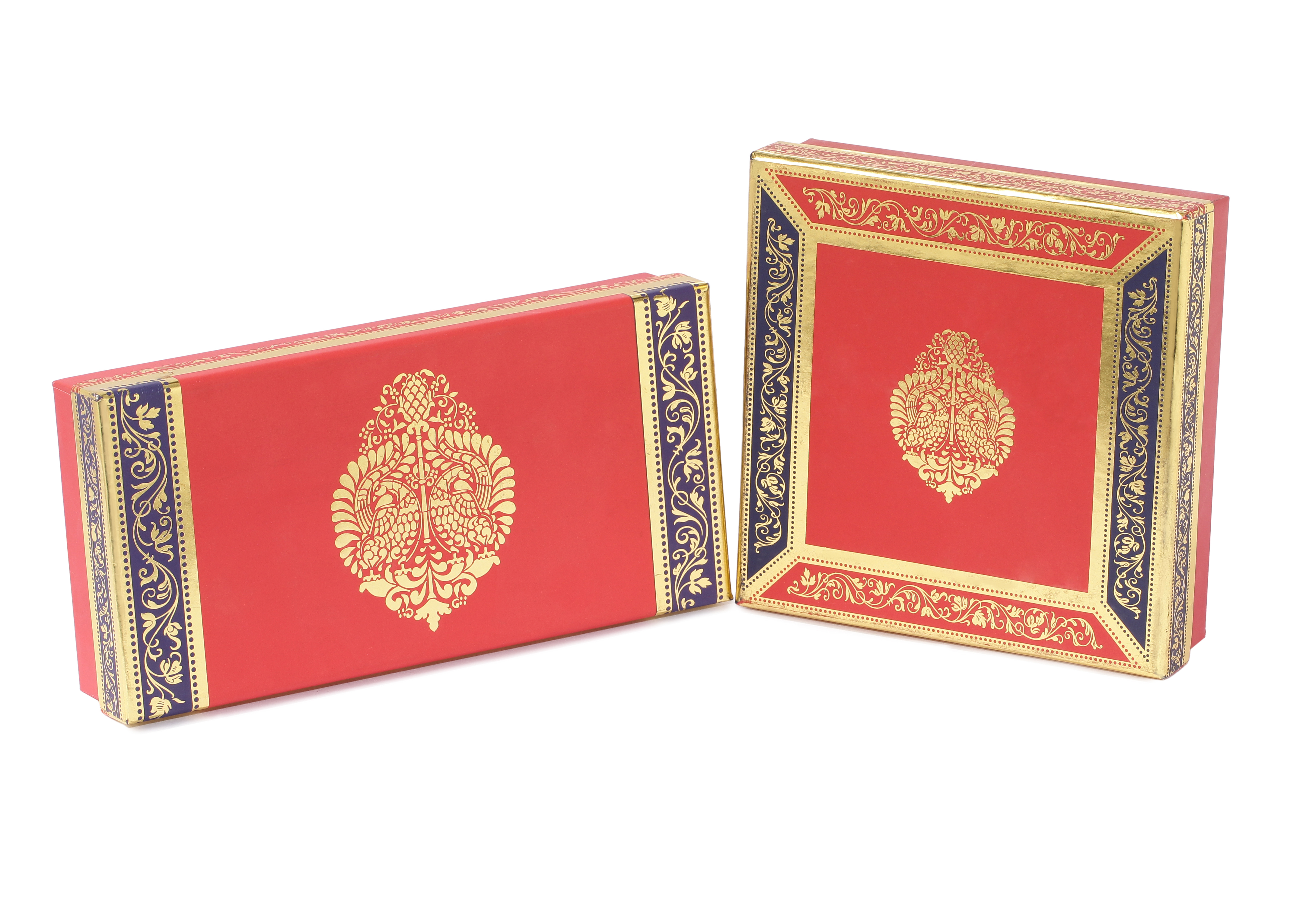 Customize Peacock 1/4 Kg Sweet Box - Paper, 203.2x88.9mm, Red & Blue Color | Rigid, Lightweight, Eco-friendly, Customizable Design