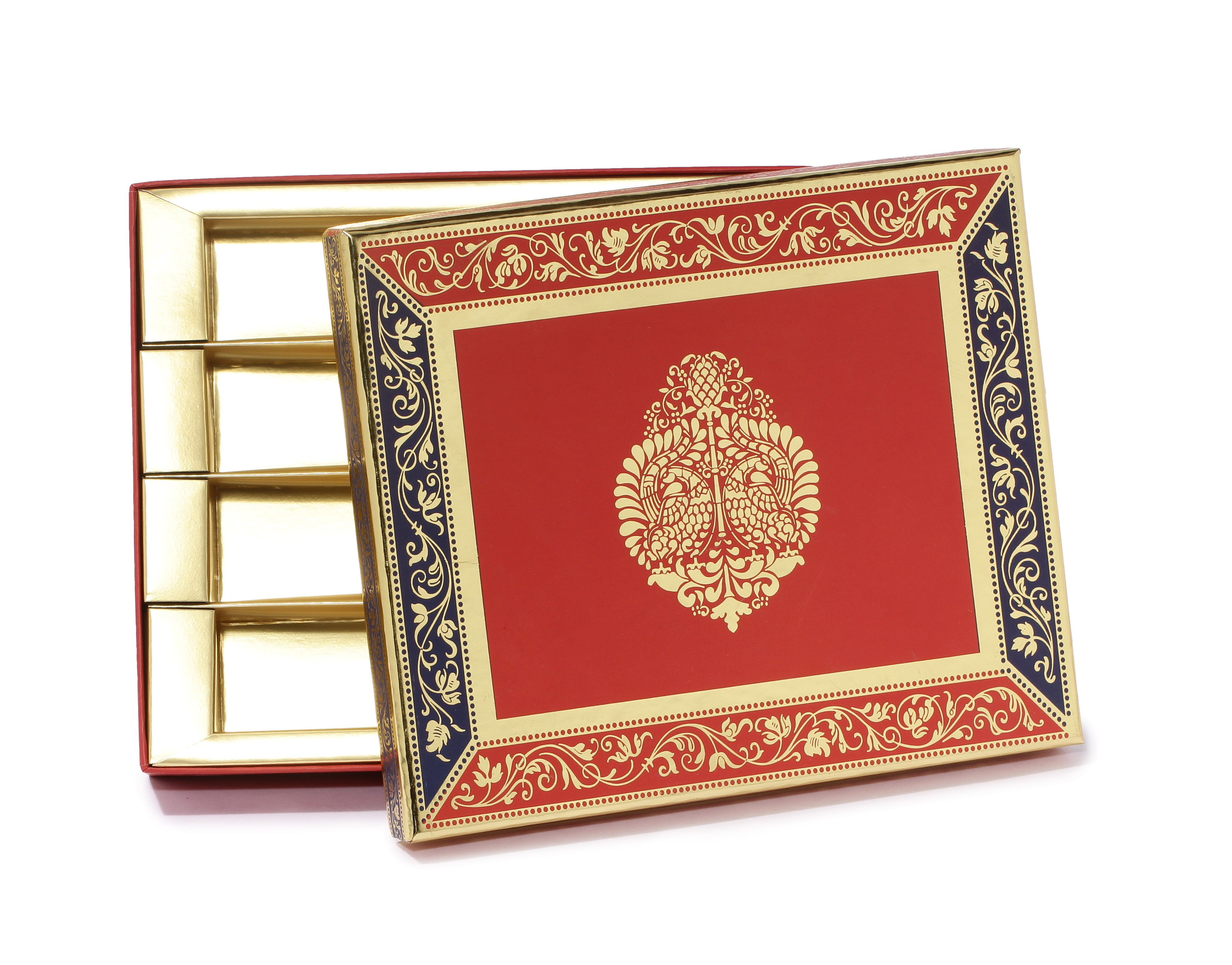 Customize Peacock 1/4 Kg Sweet Box - Paper, 203.2x88.9mm, Red & Blue Color | Rigid, Lightweight, Eco-friendly, Customizable Design