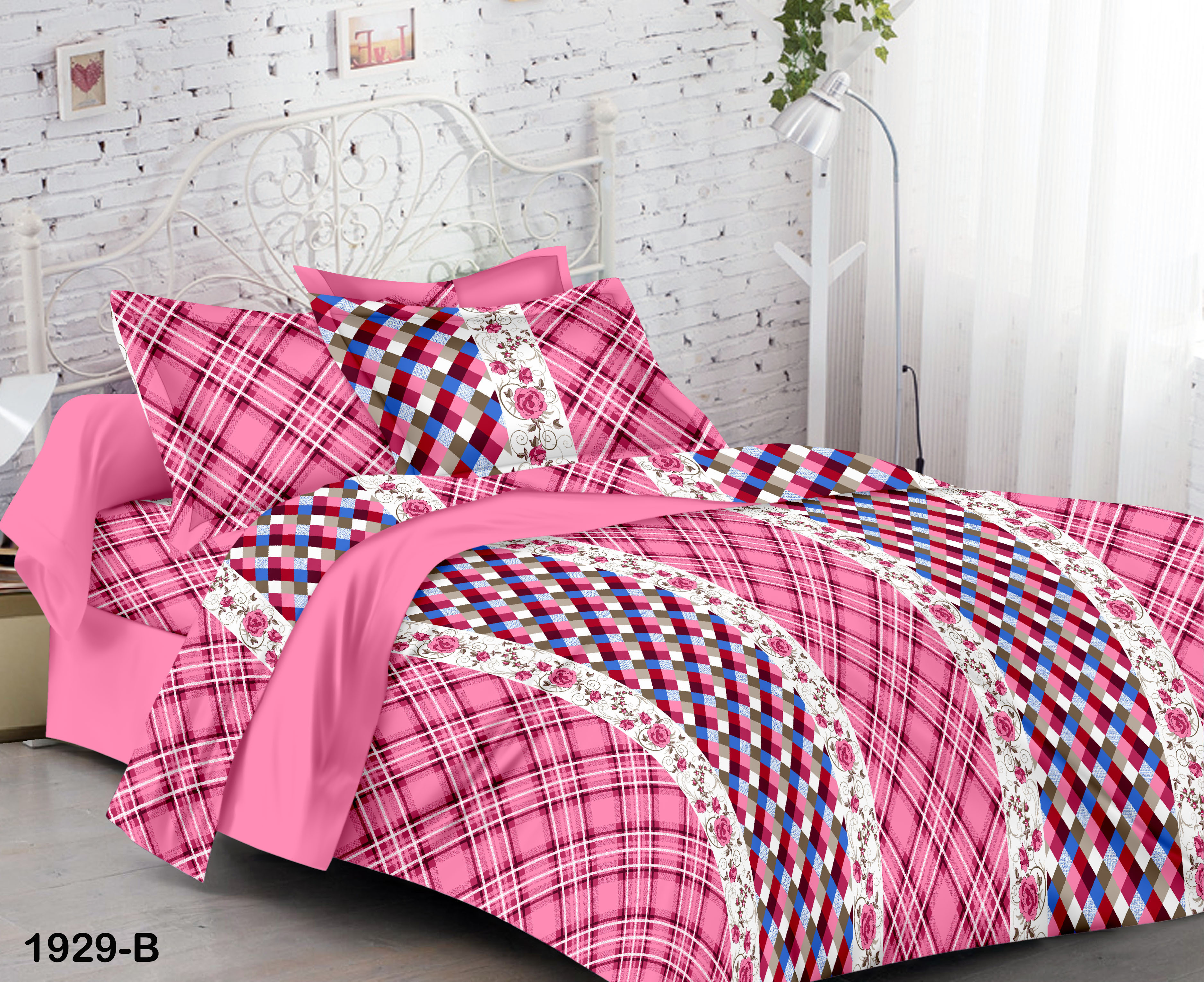 Printed Bed Sheet - Cotton Blend, Double Size, Peach Color | Soft Fabric, Vibrant Plaid Print, Comfortable Sleep, Durable Design, Easy Care