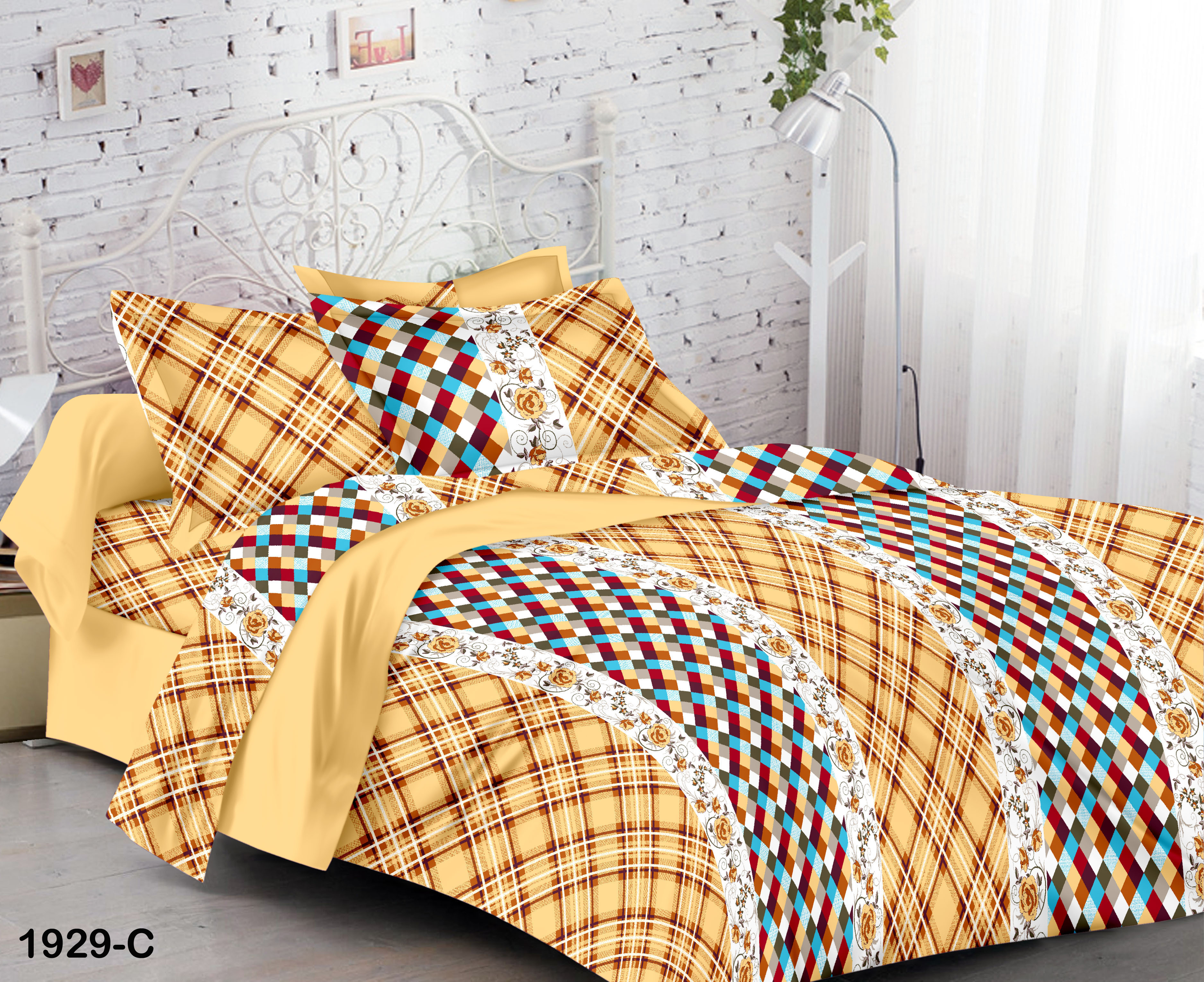 Printed Bed Sheet - Cotton Blend, Double Size, Peach Color | Soft Fabric, Vibrant Plaid Print, Comfortable Sleep, Durable Design, Easy Care