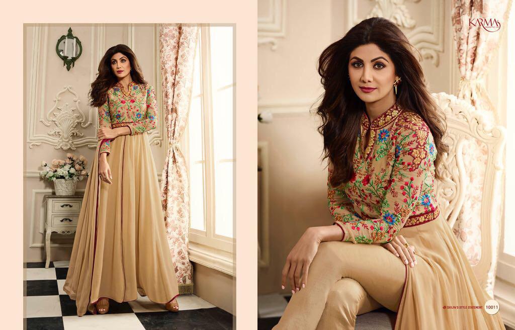 Anarkali Salwar Suits - Fancy Fabric, Unstitched, Beige | Karma Brand, Elegant Design, 8 Pieces, Stylish Look