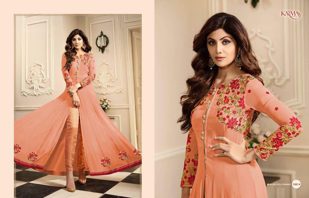 Anarkali Salwar Suits - Fancy Fabric, Unstitched, Beige | Karma Brand, Elegant Design, 8 Pieces, Stylish Look