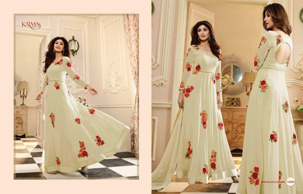 Anarkali Salwar Suits - Fancy Fabric, Unstitched, Beige | Karma Brand, Elegant Design, 8 Pieces, Stylish Look
