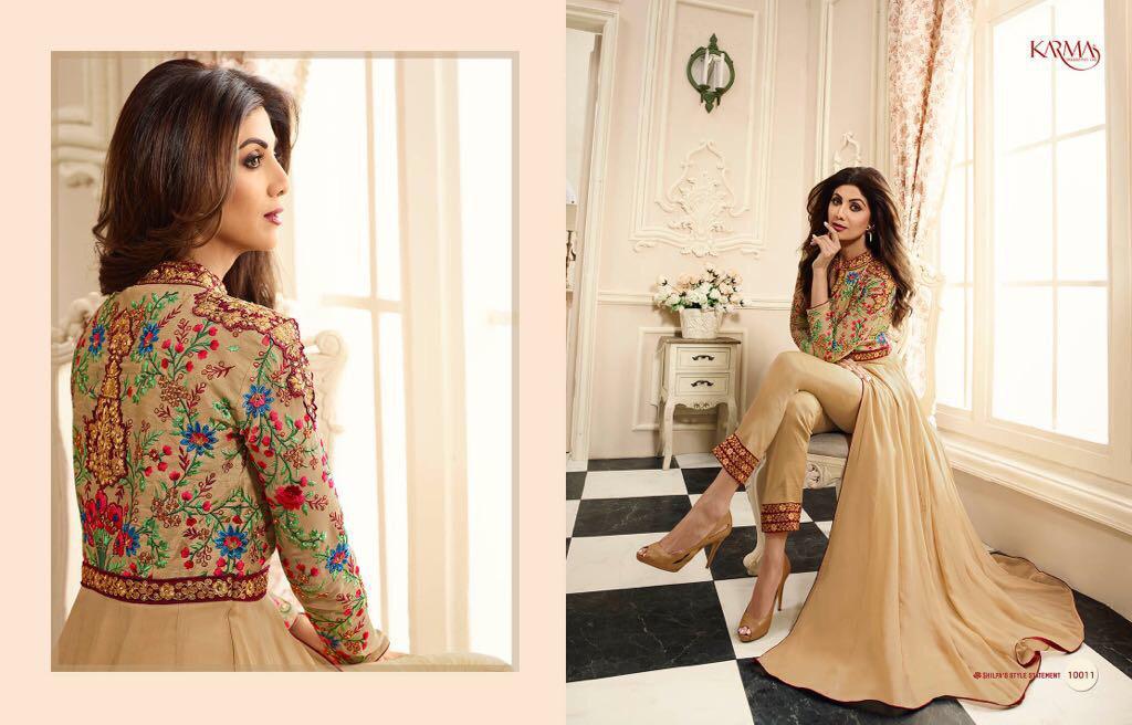 Anarkali Salwar Suits - Fancy Fabric, Unstitched, Beige | Karma Brand, Elegant Design, 8 Pieces, Stylish Look