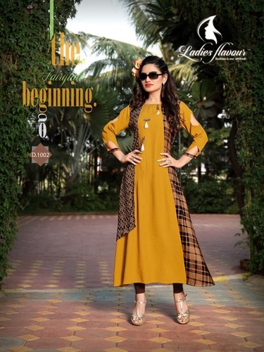 Yellow And Black Rayon Long Kurtis