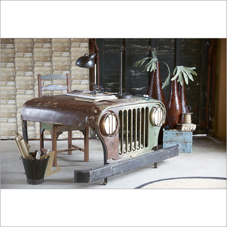 Jeep Type Table - Fine Quality Iron and Steel, Olive Green and Brown | Hand-Carved, Rustic Finish, Customizable Designs, Indoor Use