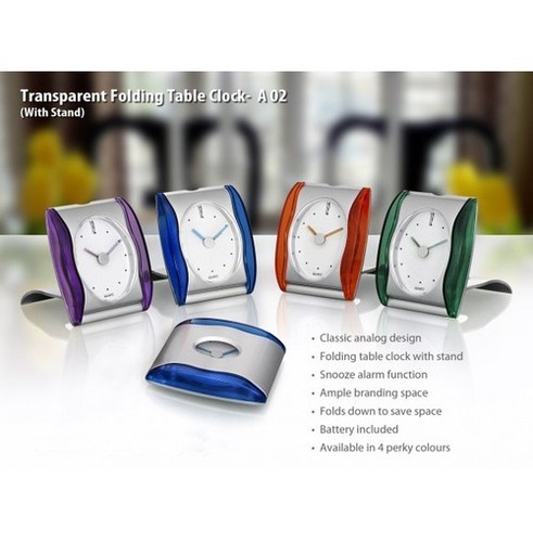 TRANSPARENT FOLDING TABLE CLOCK - 8.5 x 8 x 2.4 cm | Classic Analog Design, Snooze Alarm Function, Folds for Easy Storage, 4 Color Options