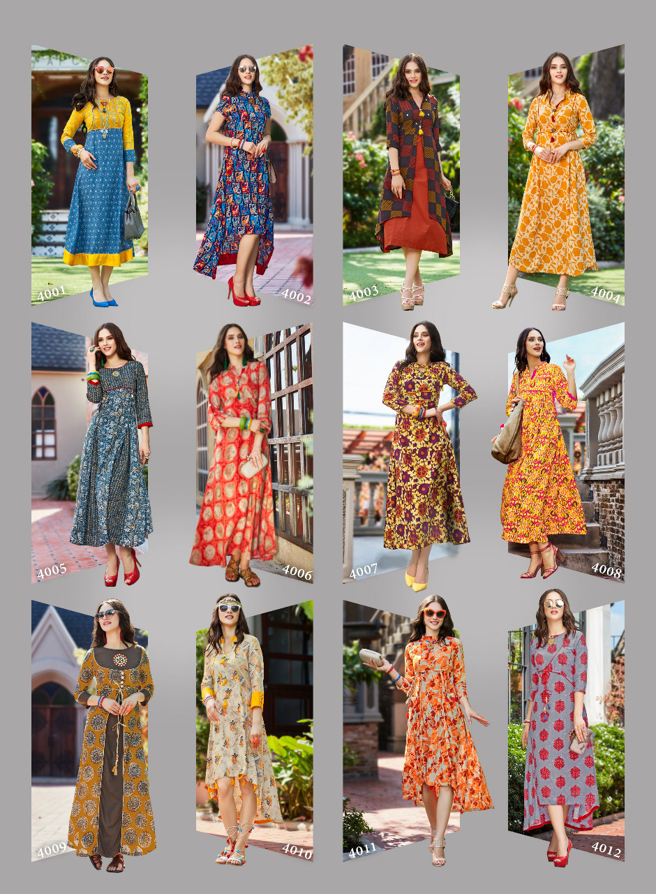 Yellow And Blue Rayon Print Kurtis