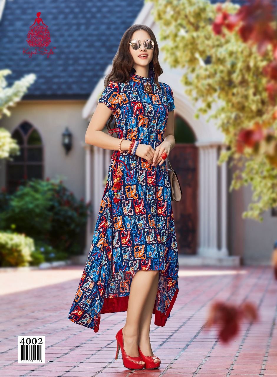 Yellow And Blue Rayon Print Kurtis