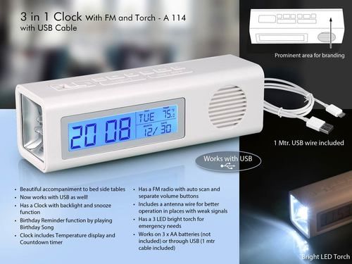 3 In 1 Clock With Fm And Torch With Dual Power Option (With Usb Wire)