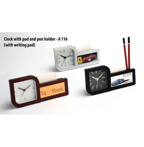 CLOCK WITH PAD AND PEN HOLDER