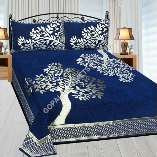Chenille Bed Sheet - 100% Cotton, Full Size, Blue | Printed Pattern, Weighs 2.6 Kg, Ideal for Home, Hotel, and Restaurant Use
