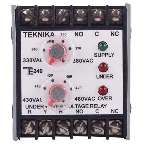 Under Plus Over Voltage Relay - 70x60x110 mm, 415V AC Rated Voltage, Miniature Design, Voltage Monitoring/Protection, Auto Reset Function, Adjustable Under & Over Voltage Settings, 1 Year Warranty, Lightweight at 0.5 kg