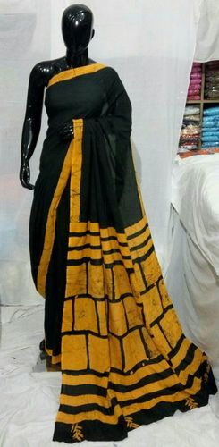 Yellow & Black Hand Block Printed Saree