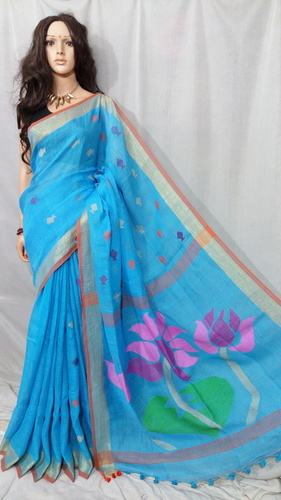 ब्लू लिनन जामदानी साड़ियां