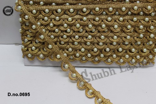 Moti Lace - Fabric, Beads | Gold, Width 20-30 mm, Variable Length, Pearl Bead Type, Ideal for Garment Embellishment, Accessories, Crafting, Roll Packaging