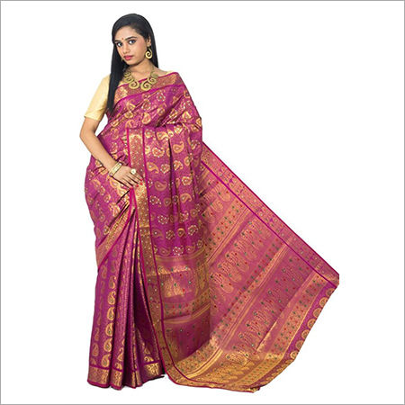 Chiffon Kanchipuram Brocket Mango Meena Saree With Stones