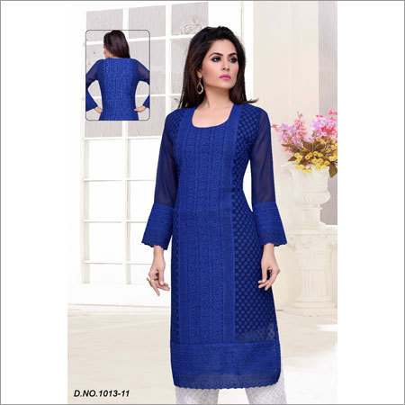Ladies Navy Blue Chikan Kurtis