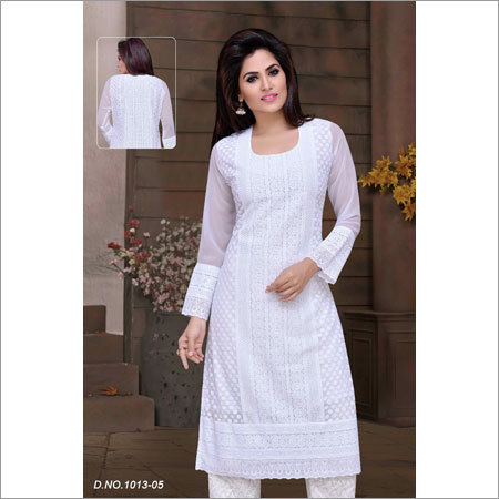Ladies White Color Chikan Kurtis