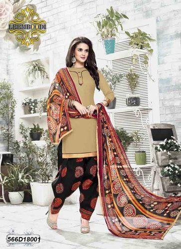 Printed Patiala Suit - Cotton Fabric, Black and Beige Color | Full Sleeves, Casual and Formal Wear, Unstitched Ethnic Design