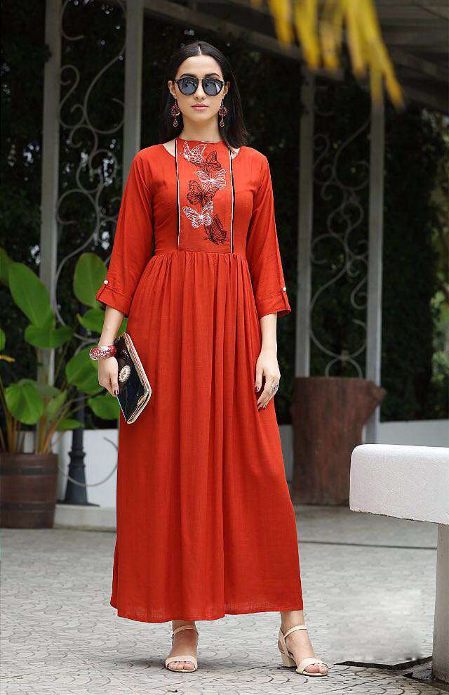 Long Gown Kurti - Rayon Slub Fabric, Available In L, Xl, Xxl Sizes | Elegant Red Color With Thread Work