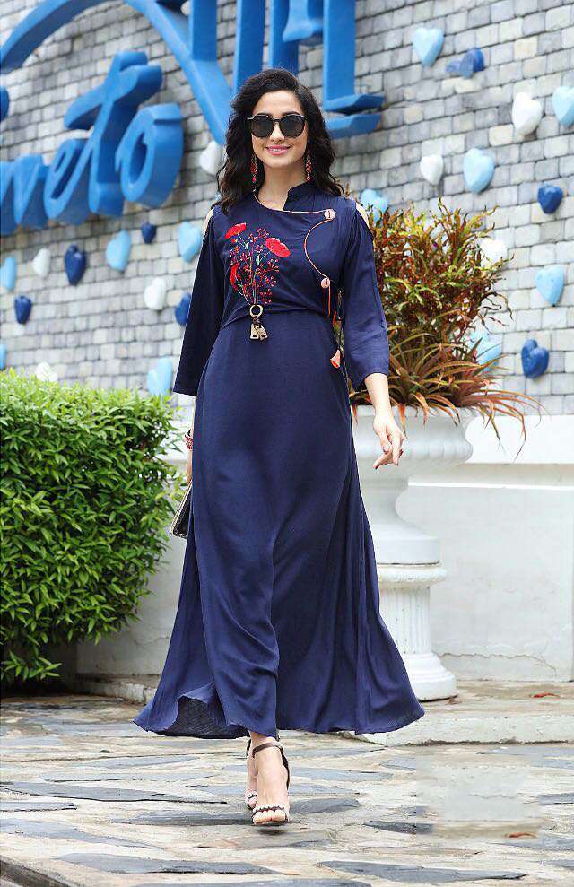 Long Gown Kurti - Rayon Slub Fabric, Available In L, Xl, Xxl Sizes | Elegant Red Color With Thread Work