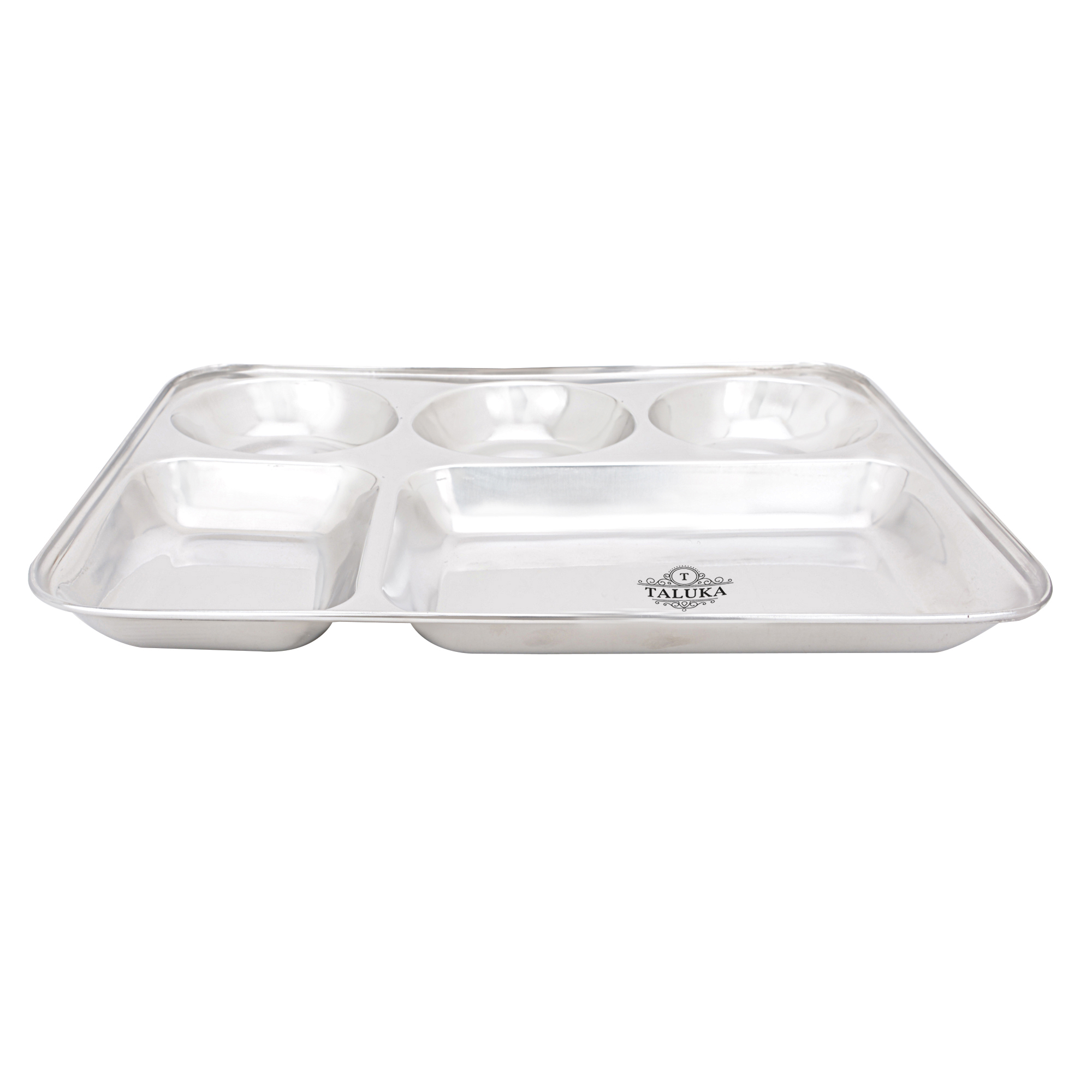 Stainless Steel Rectangular Plate Compartment Tray - 33 X 26.5 X 2.8 Cm, Silver | 5-in-1 Design With 4 Compartments For Versatile Meal Serving