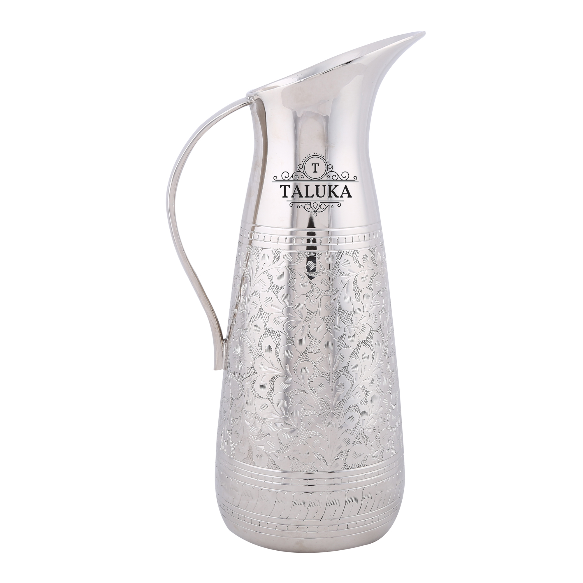 Brass Embossed Water Jug Silver Plated - 1500 Ml Capacity, 10.5" Height, 4.0" Diameter, Bronze Color | Ideal For Healthy Hydration And Tableware Use