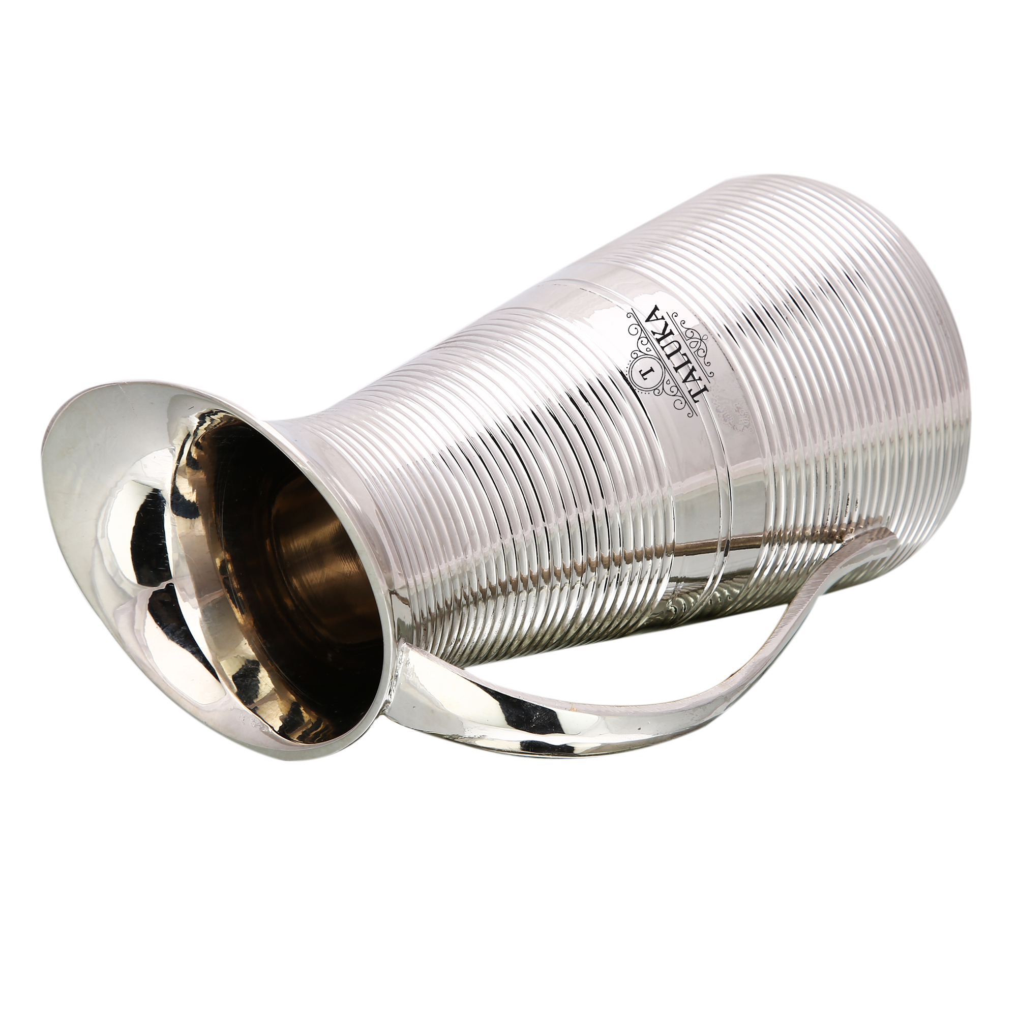Brass Nickel Plated Water Jug With Full Ring Design - 8.5" Height, 1500 Ml Capacity, Silver Finish | Hand Made By Taluka Exports, Ideal For Home And Catering