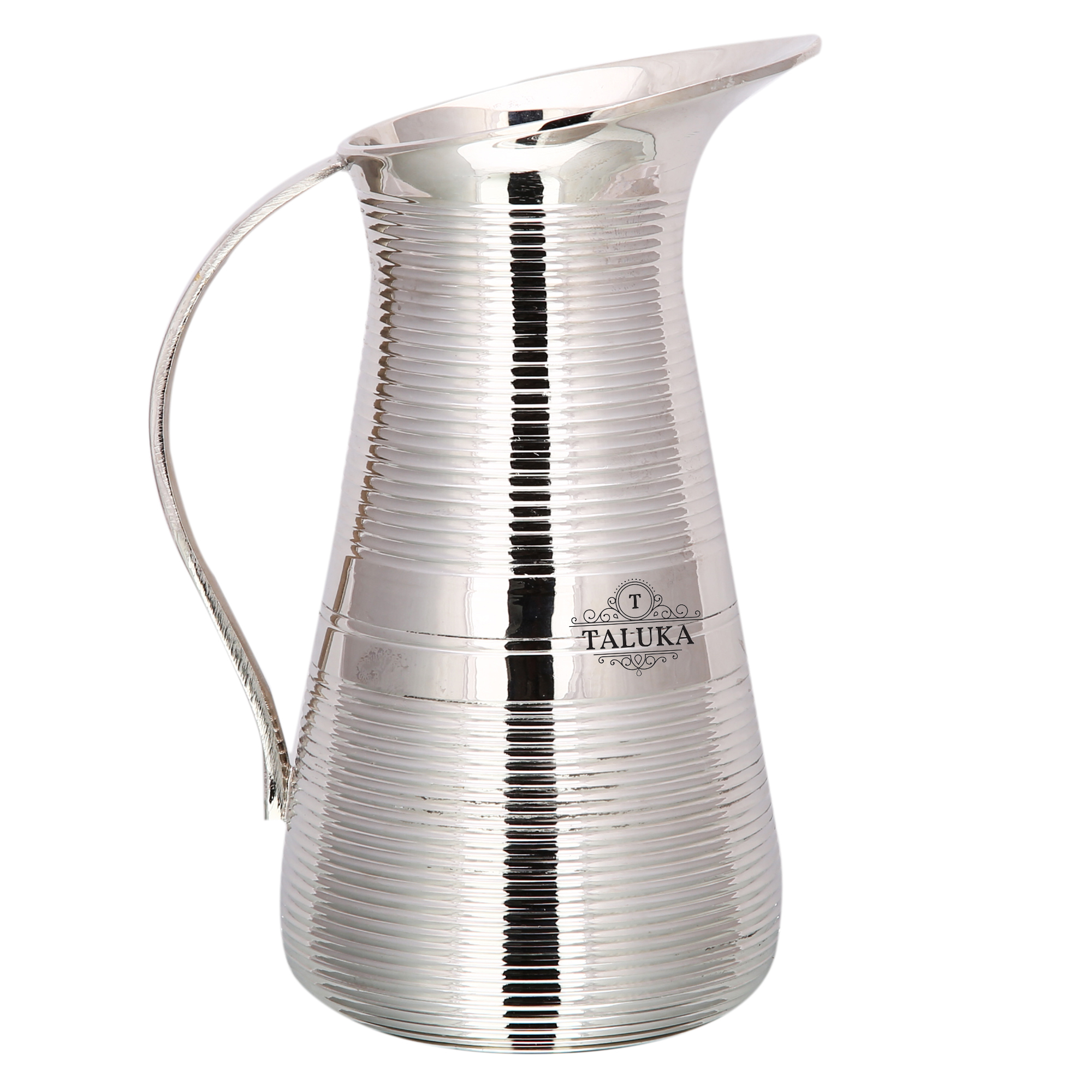 Brass Nickel Plated Water Jug With Full Ring Design - 8.5" Height, 1500 Ml Capacity, Silver Finish | Hand Made By Taluka Exports, Ideal For Home And Catering