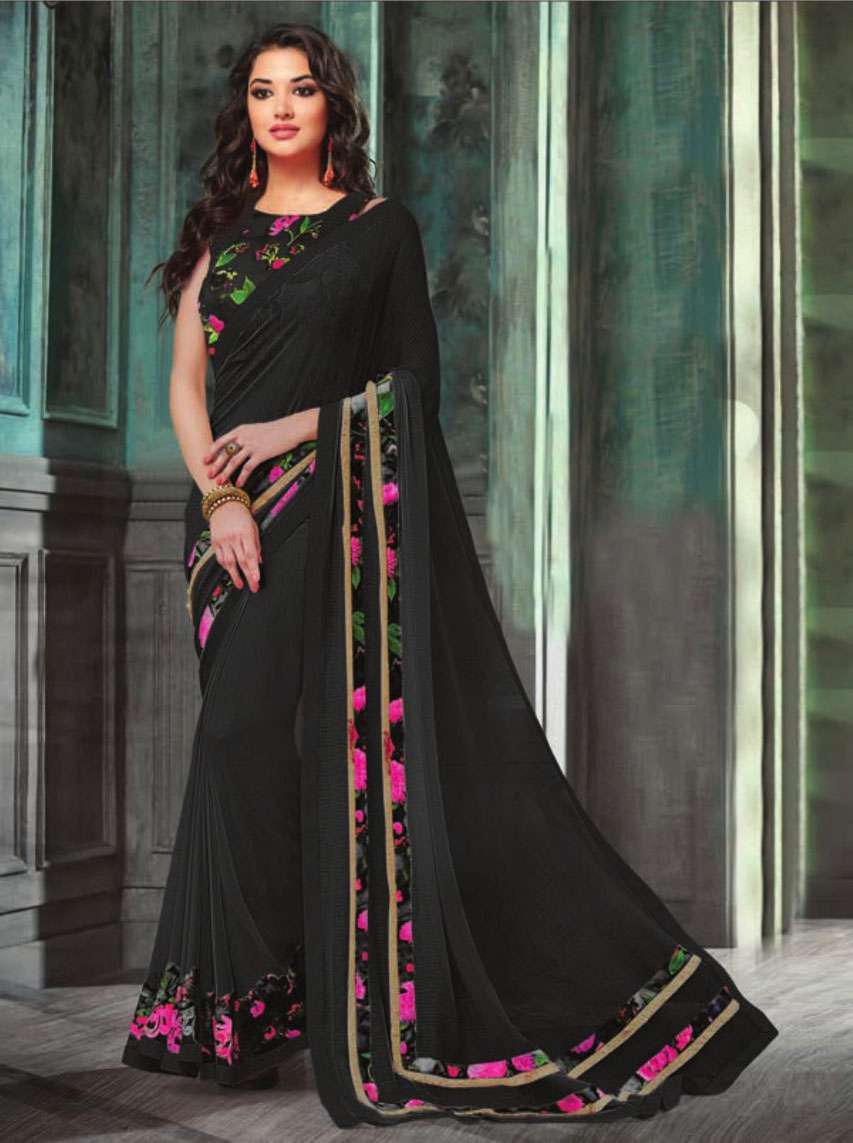 Georgette Floral Designer Saree - 6.30 Meters With Blouse Fabric Grey Printed Design | Perfect For All Seasons Dry Clean Only