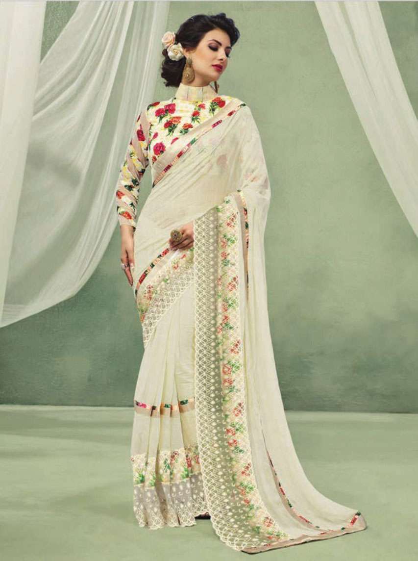 Georgette Floral Designer Saree - 6.30 Meters With Blouse Fabric Grey Printed Design | Perfect For All Seasons Dry Clean Only