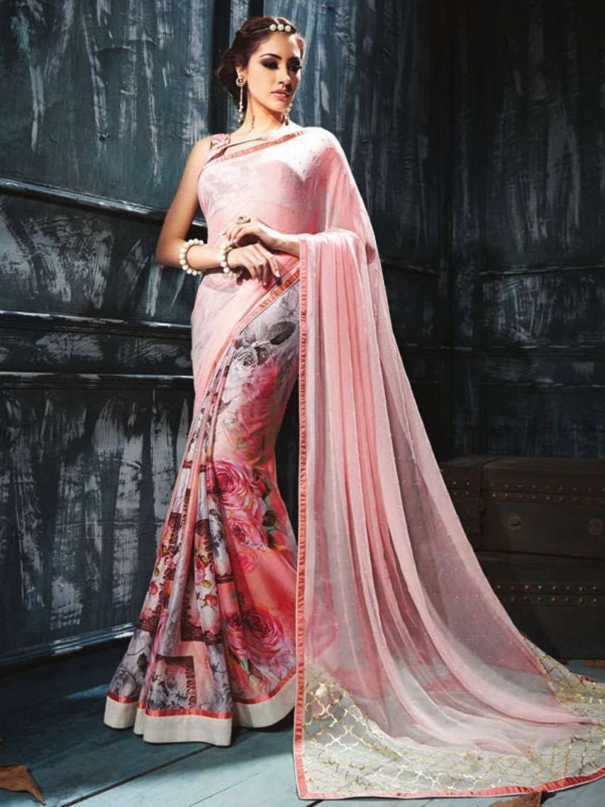 Georgette Floral Designer Saree - 6.30 Meters With Blouse Fabric Grey Printed Design | Perfect For All Seasons Dry Clean Only