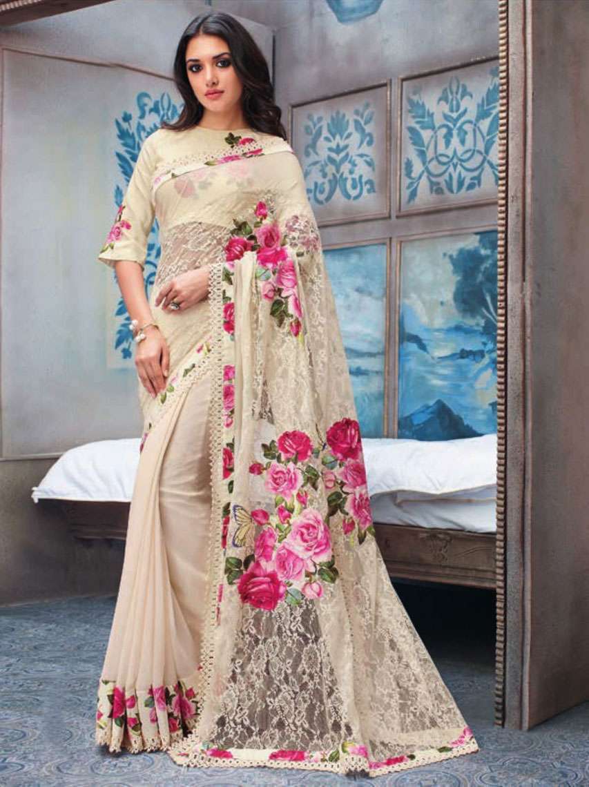 Georgette Floral Designer Saree - 6.30 Meters With Blouse Fabric Grey Printed Design | Perfect For All Seasons Dry Clean Only