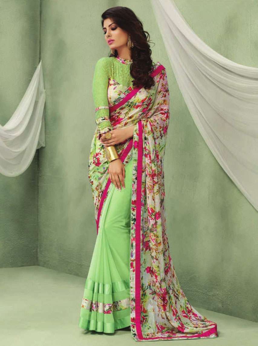 Georgette Floral Designer Saree - 6.30 Meters With Blouse Fabric Grey Printed Design | Perfect For All Seasons Dry Clean Only