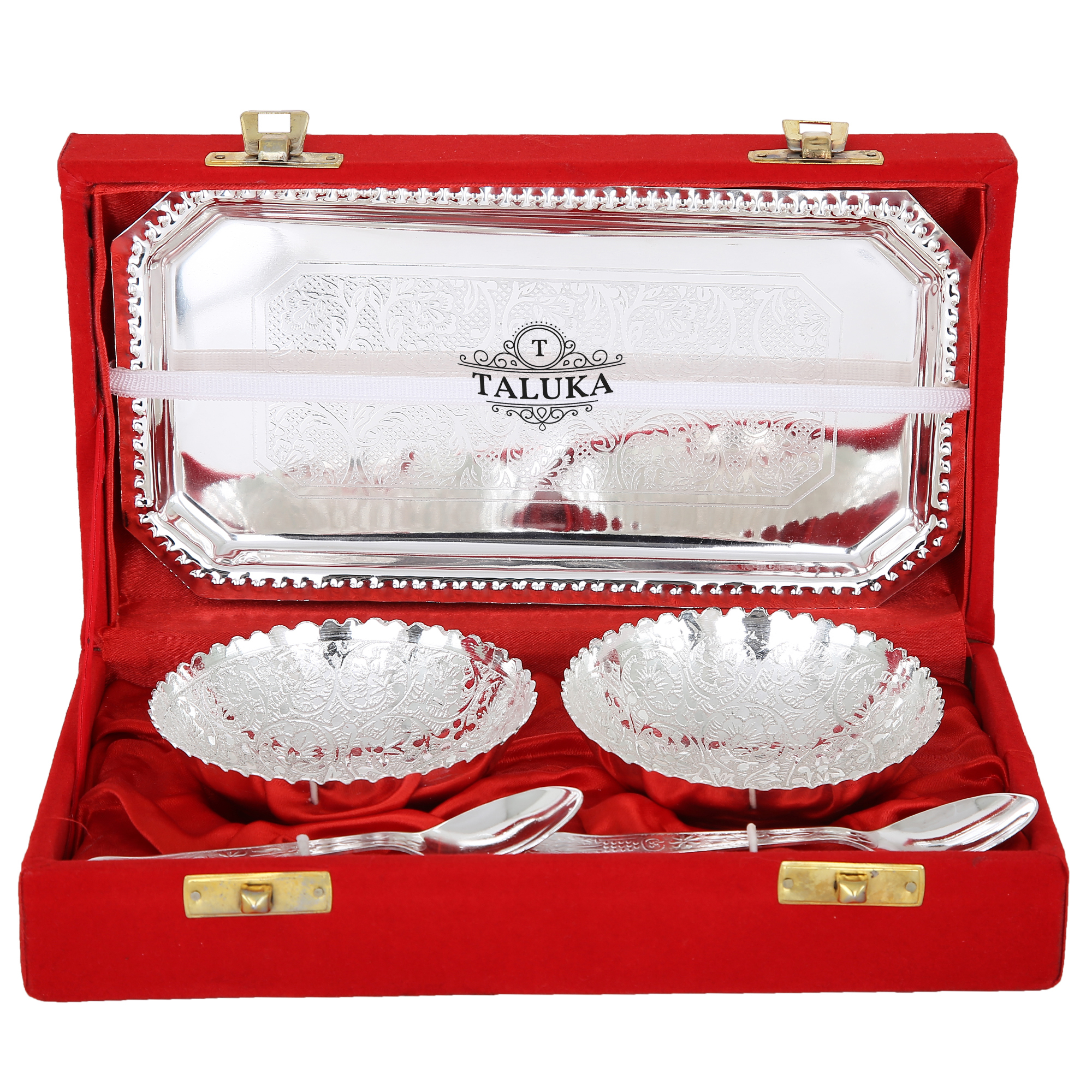 Silver Plated 5 Pc Dessert Bowl Spoon Tray Set - 2 Bowl, 2 Spoon, 1 Tray, Color: Silver, Capacity: 200 Ml | Antique Elegant Design, Gift Box Included