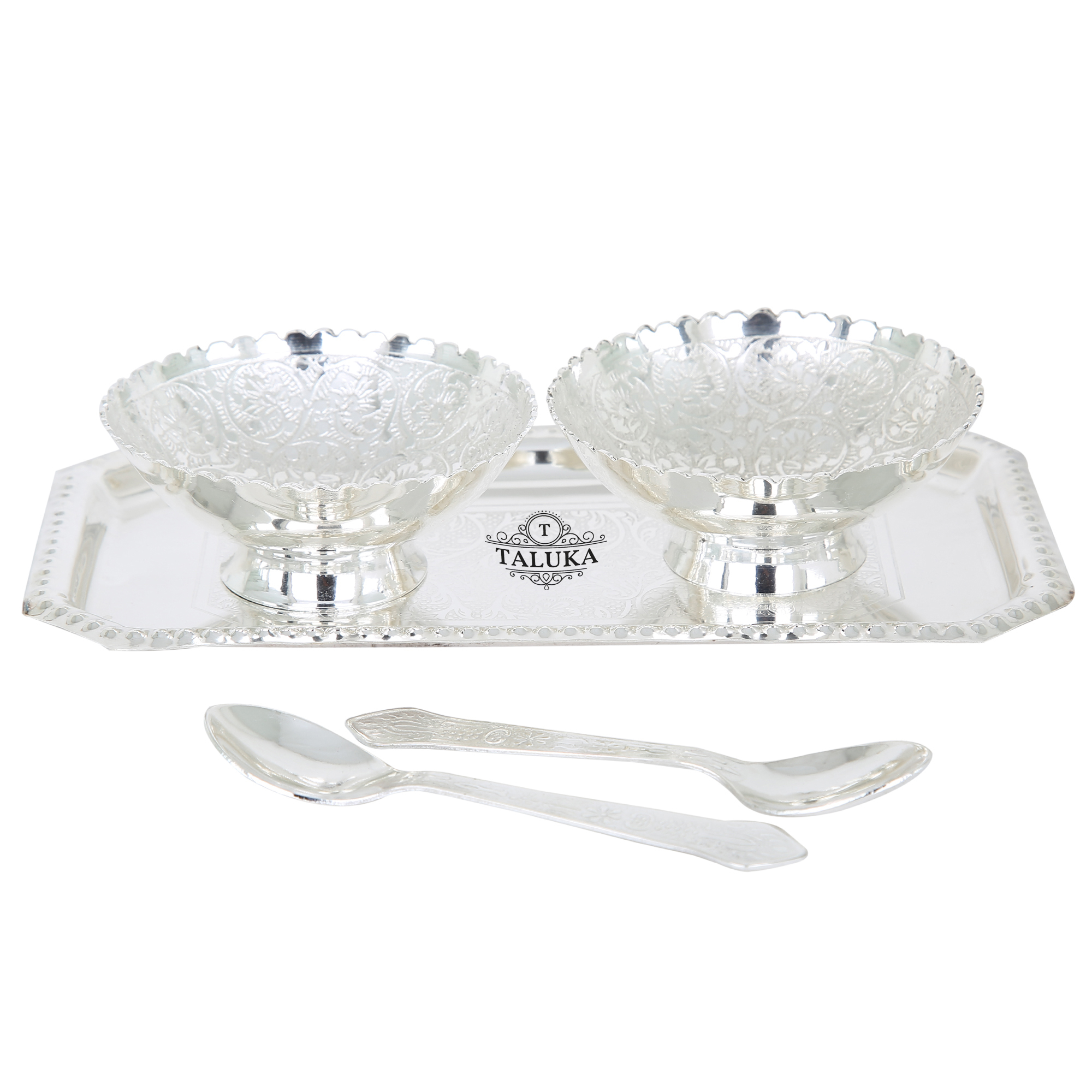Silver Plated 5 Pc Dessert Bowl Spoon Tray Set - 2 Bowl, 2 Spoon, 1 Tray, Color: Silver, Capacity: 200 Ml | Antique Elegant Design, Gift Box Included