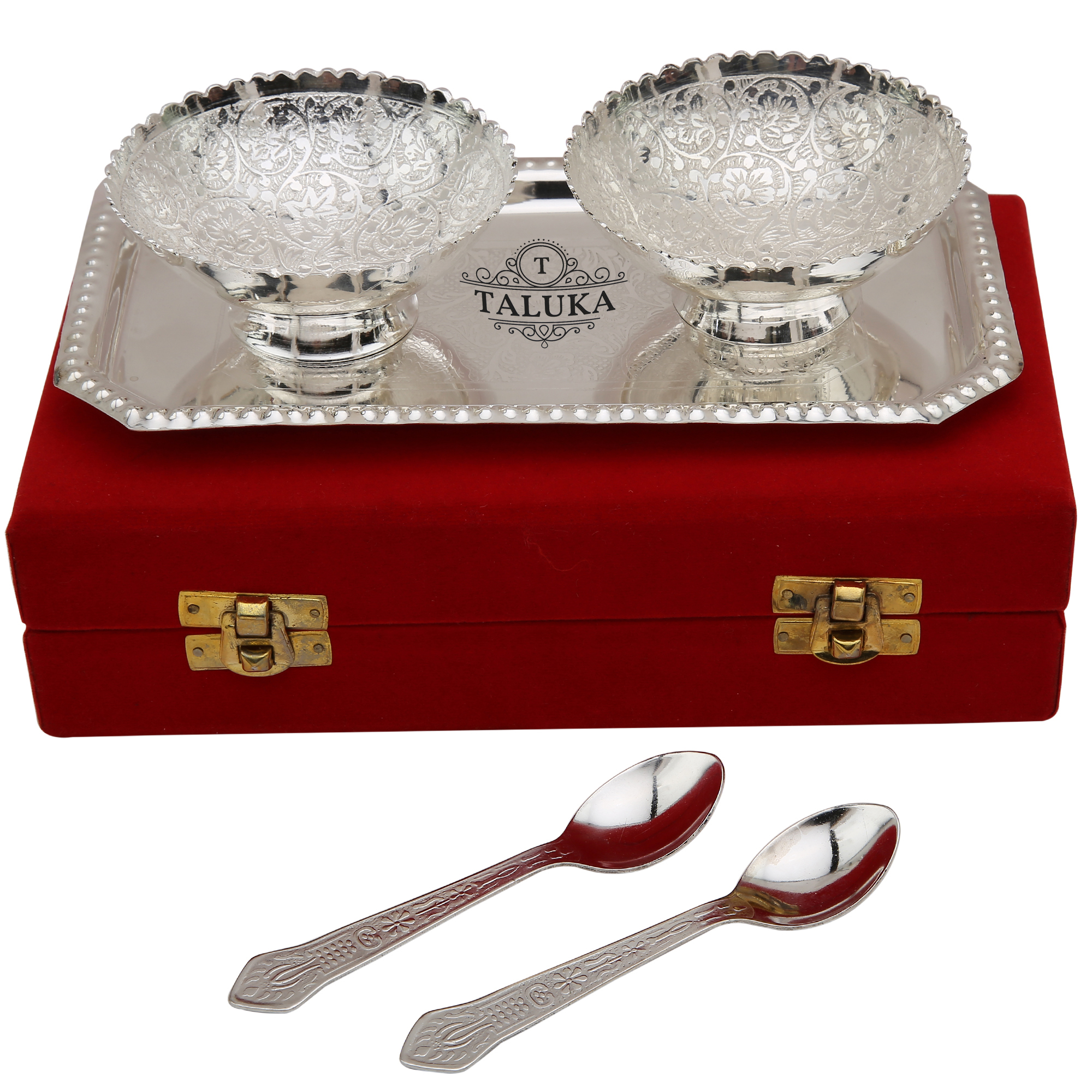 Silver Plated 5 Pc Dessert Bowl Spoon Tray Set - 2 Bowl, 2 Spoon, 1 Tray, Color: Silver, Capacity: 200 Ml | Antique Elegant Design, Gift Box Included