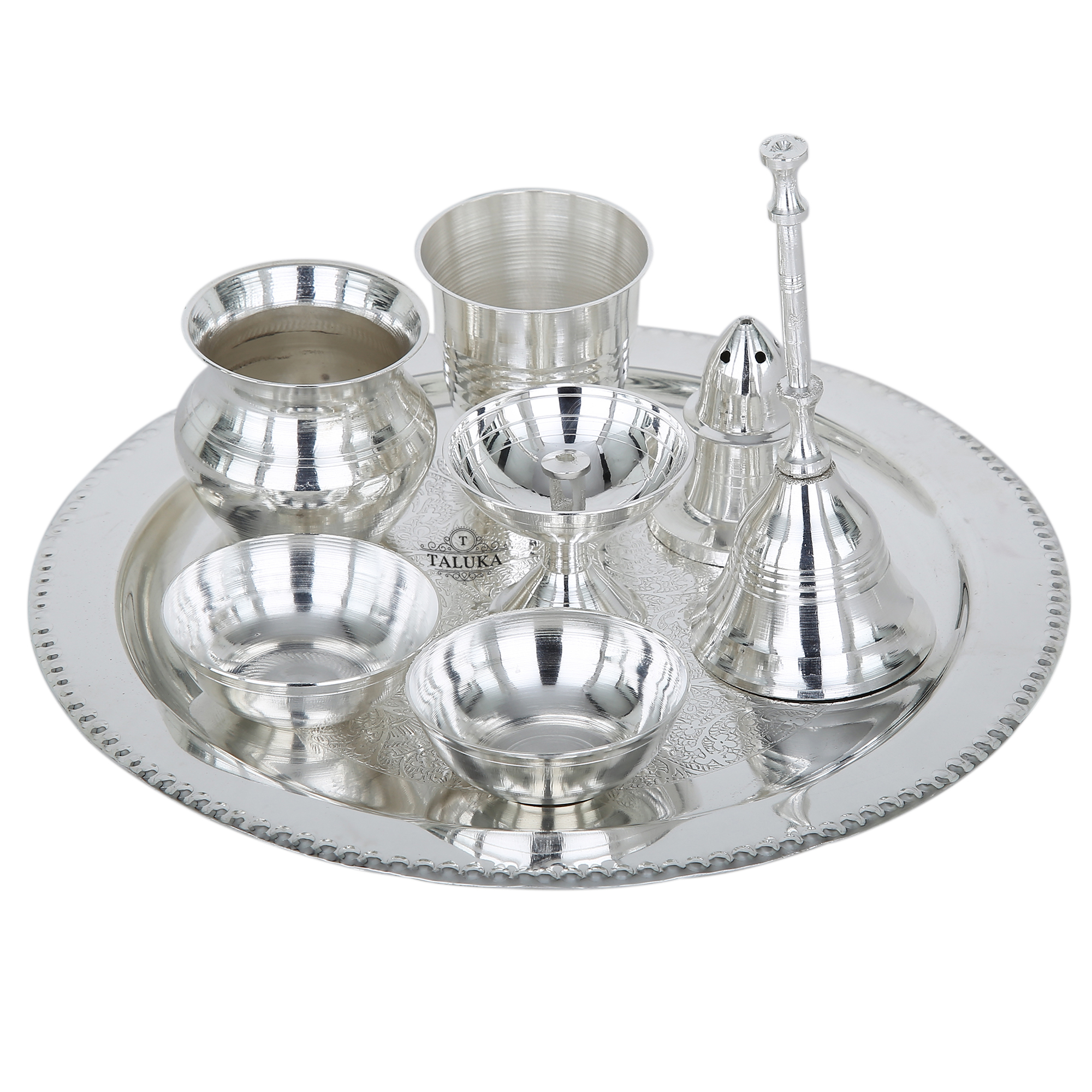 Silver Plated God Pooja Article Set - Silver Plated, 9 Inch Diameter, Silver Color | Antique Elegant Design, Includes Gift Box, High Cultural Significance