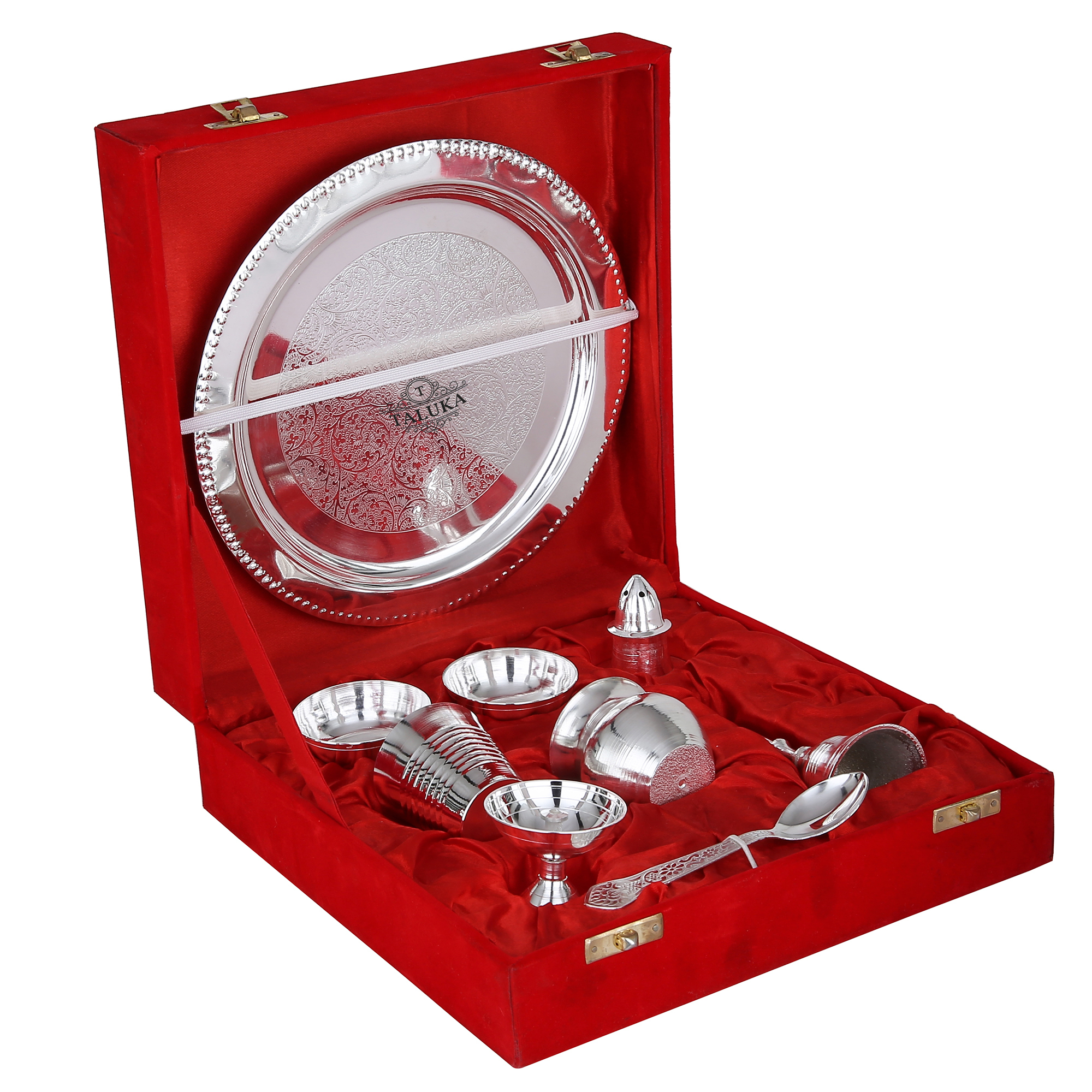Silver Plated God Pooja Article Set - Silver Plated, 9 Inch Diameter, Silver Color | Antique Elegant Design, Includes Gift Box, High Cultural Significance