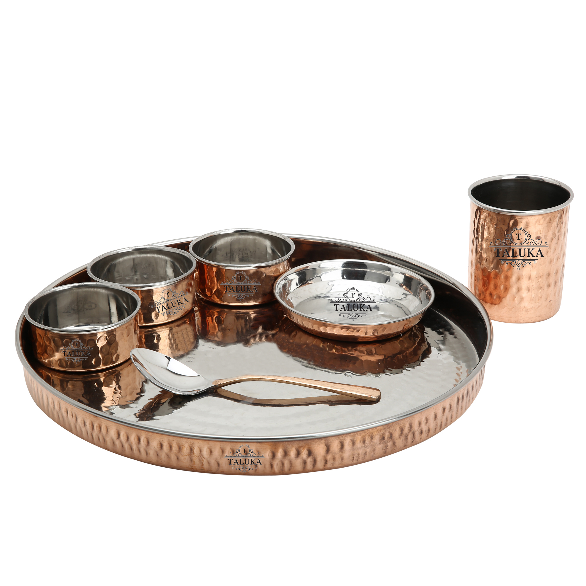 Pure Copper Thali Set - 8 Piece Dinnerware Set, 13.0 Inch Diameter, Copper Color, Functional & Fashionable Design For Authentic Indian Dining Experience