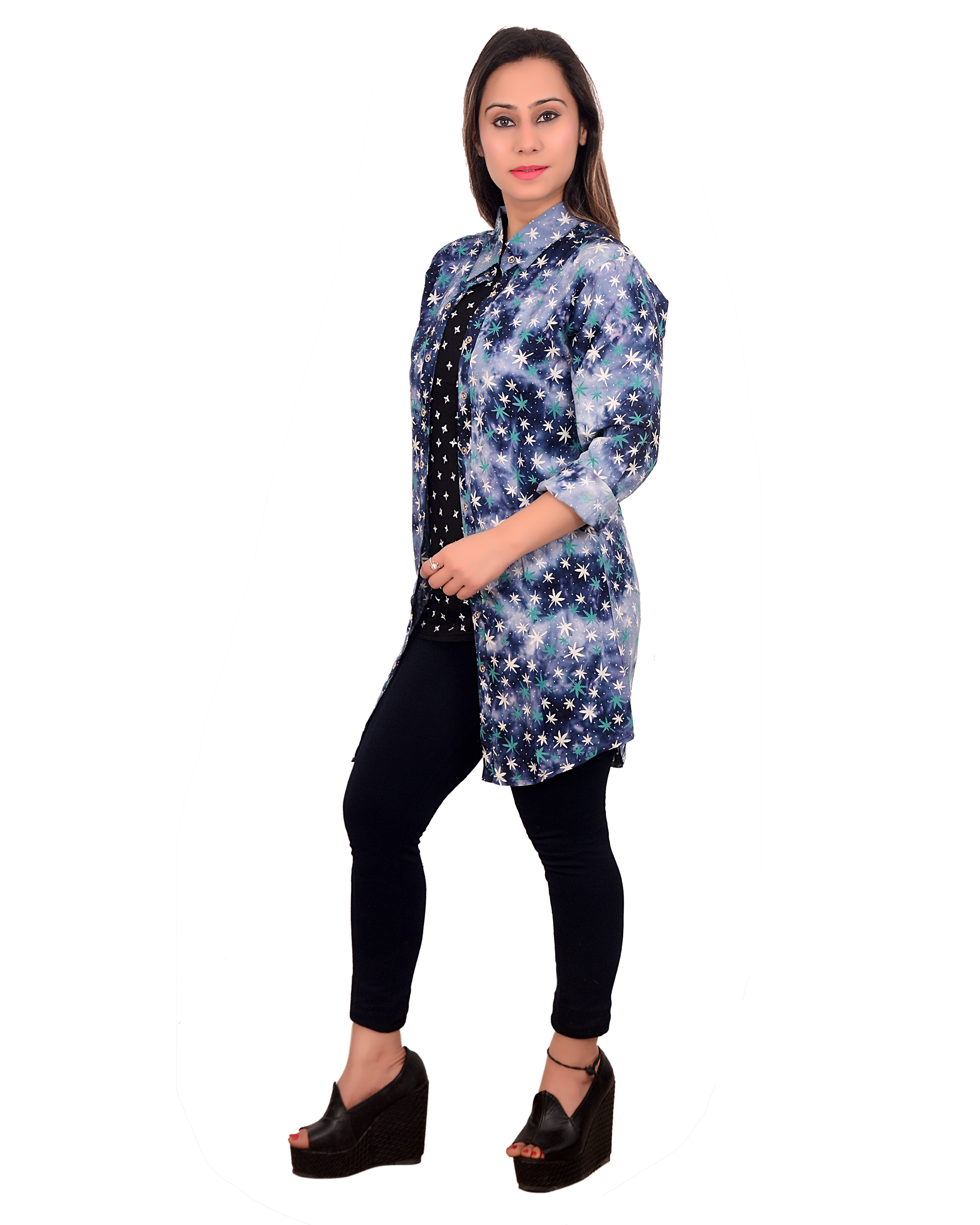 Printed Shirt - Cotton Blend, Blue | Versatile Freestyle Shrug For Formal And Casual Wear, Open Front Design For Bold Styling