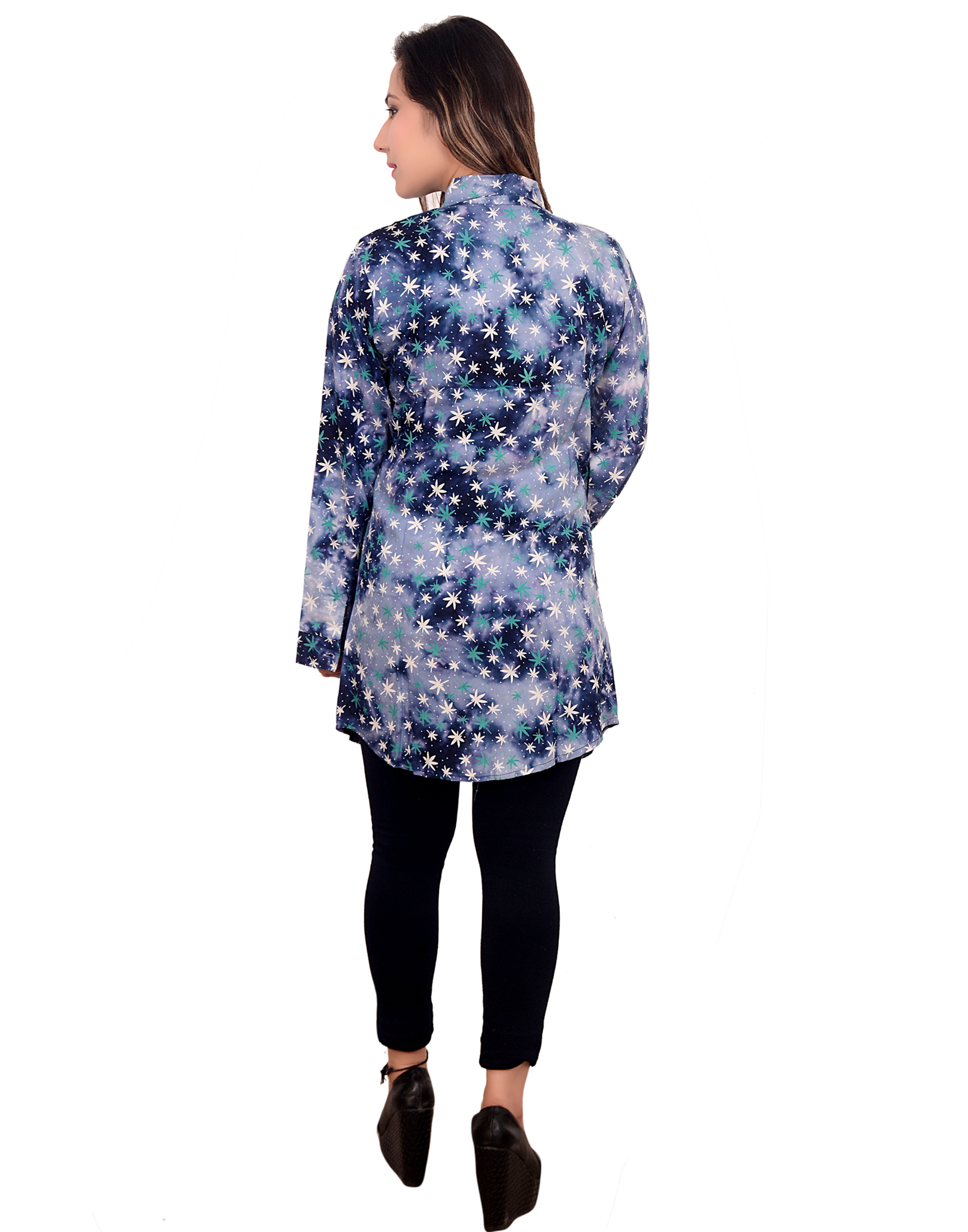 Printed Shirt - Cotton Blend, Blue | Versatile Freestyle Shrug For Formal And Casual Wear, Open Front Design For Bold Styling