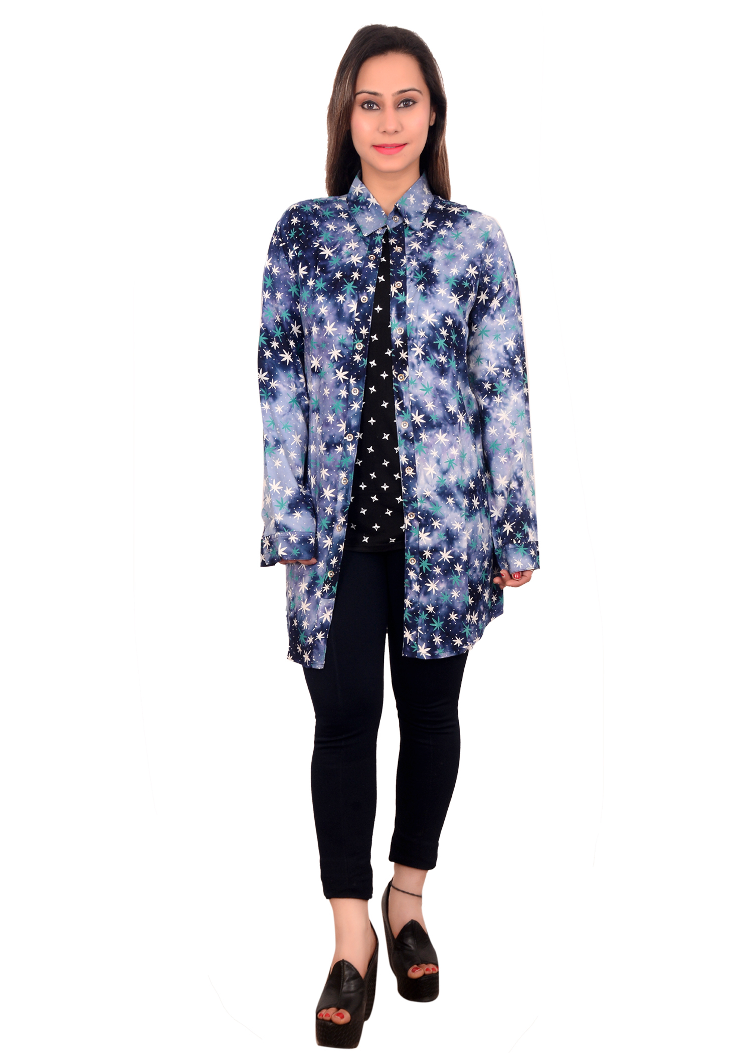 Printed Shirt - Cotton Blend, Blue | Versatile Freestyle Shrug For Formal And Casual Wear, Open Front Design For Bold Styling