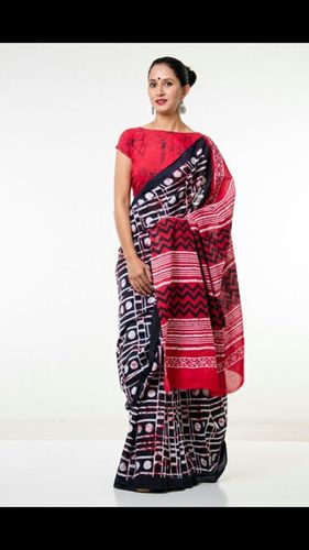 Red Block Printed Fancy Cotton Saree