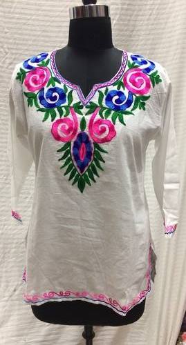Ladies Embroidery Kurti - Cotton Blend, Multi-color On White Base | 3/4th Sleeves, Breathable, Easy Washability, Custom Logo, Embroidered Design