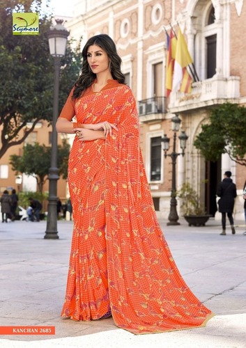 Traditional Georgette Saree - Georgette, 5.5 Mtr + 0.80 Blouse, Orange | Soft Touch, Eye-Catchy Look, Comfortable Wear, Lovely Piping Border