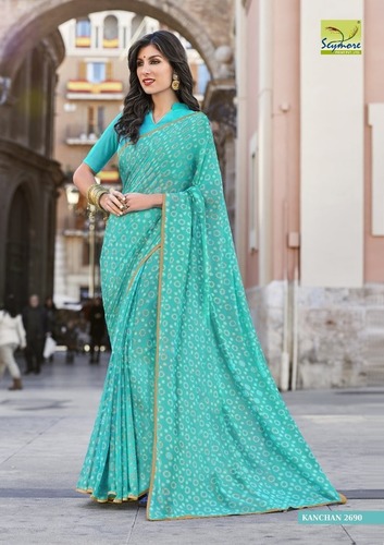 Georgette Saree - Georgette Fabric, 5.5 Mtr + 0.80 Blouse, Blue Color, Printed Pattern | Soft Touch, Eye-catchy Look, Comfortable Wear, Lovely Piping Border