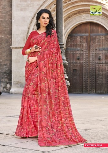 Basic Georgette Saree - Georgette, 5.5 Mtr + 0.80 Blouse, Red | Soft Touch, Eye-Catchy Look, Comfortable to Wear, Lovely Piping Border
